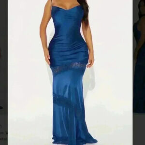 Fashion Nova NWT Navy Blue Cowl Neck Backless Inside Out Satin Maxi Dress Size S